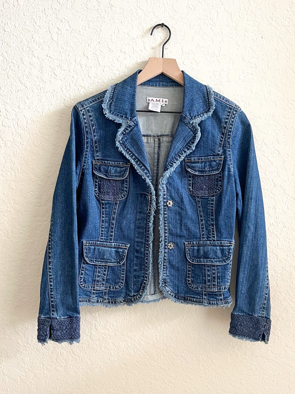 Vintage A.M.I. Denim Jacket Blazer Y2K Fringe Crochet Lace Retro Boho Womens Med